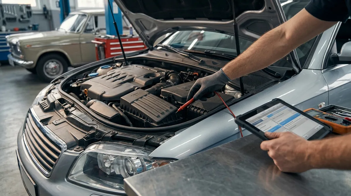 Technician probing a sensor in an engine bay while reading live data on a diagnostic tablet