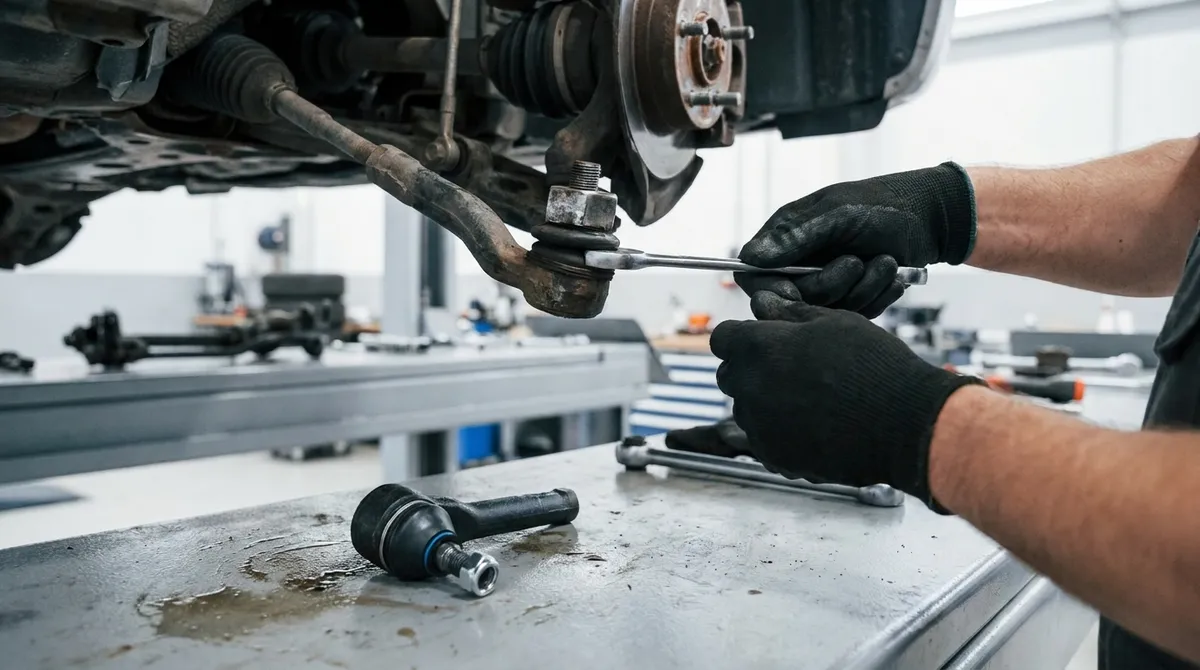 Outer tie rod end connecting the steering rack to a front wheel steering knuckle
